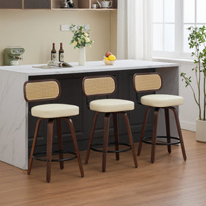 English Elm Set of 3 Rattan Counter Stools with Cane Back and Swivel, Upholstered PU Seat, Walnut Finish, Ergonomic Comfort Beige W1143P300158