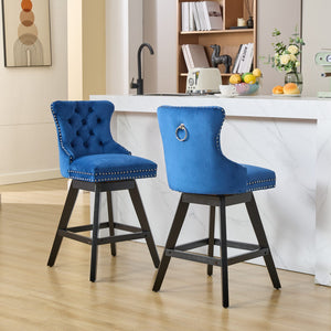 English Elm Swivel Velvet Barstools with Tufted Button Back, 360° Rotate, Plush Foam & Rubberwood Frame Blue W1143P241331