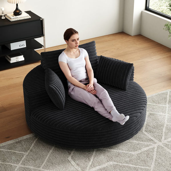 English Elm 55''l 55'l Faux Rabbit Fur Corduroy Swivel Lounge Chair Cloud Foam Seat for Bedroom Black W834S00448