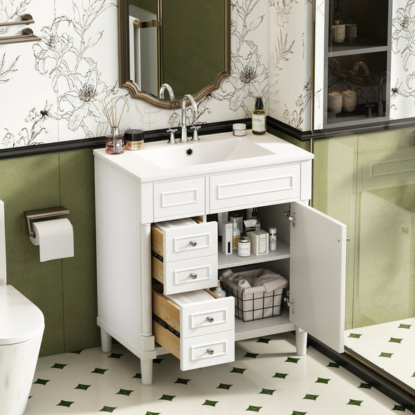 English Elm 30" Bathroom Vanity with Sink — Freestanding Modern Cabinet with Soft-Close Door, 2 Deep Drawers, Durable Basin White N710P288938K