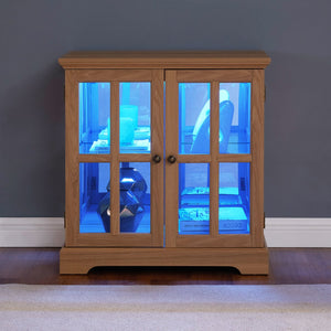 English Elm Led Curio Display Cabinet - Antique Oak Showcase With Adjustable Shelves, Remote & Lattice Doors For Home W2275P231692
