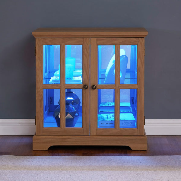 English Elm Led Curio Display Cabinet - Antique Oak Showcase With Adjustable Shelves, Remote & Lattice Doors For Home W2275P231692