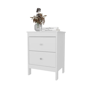 English Elm White Nightstand Two-Drawer Accent Table with Classic Knobs, Durable Wood Frame, Bright Versatile Style B062P323159
