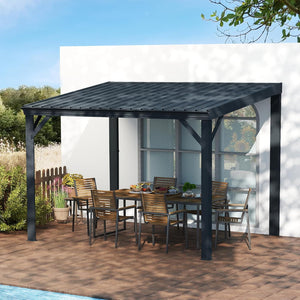 English Elm 10x12ft Lean to Hardtop Gazebo Wall Mounted Steel Roof Shelter for Deck Patio Gray W1859S00193