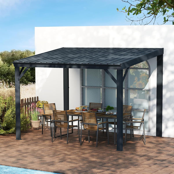 English Elm 10x12ft Lean to Hardtop Gazebo Wall Mounted Steel Roof Shelter for Deck Patio Gray W1859S00193