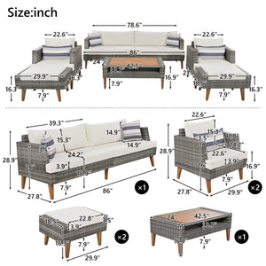 English Elm <old Old Sku Pe Wicker Six Piece Patio Conversation Set Acacia Wood Cushioned Outdoor Sofa Gray+Beige N704G201219A