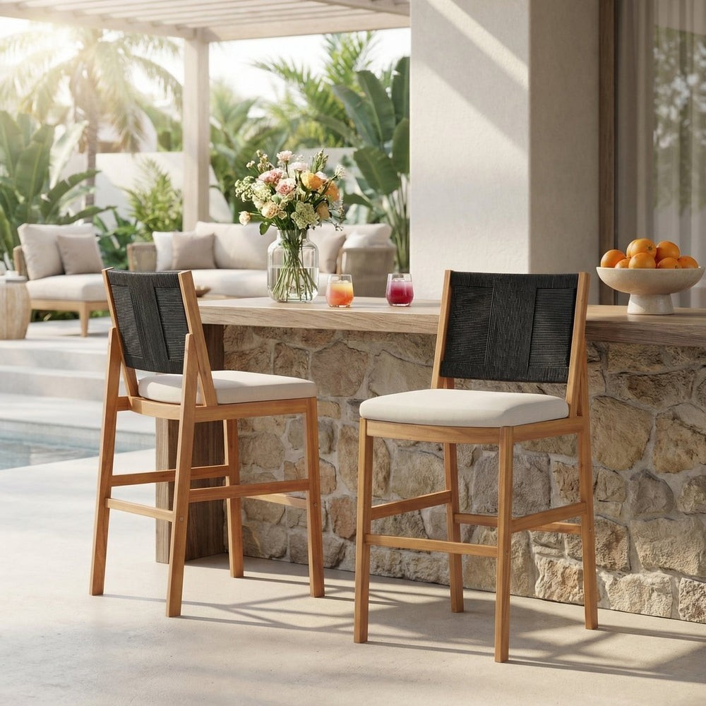 English Elm Outdoor Acacia Wood Barstools Set of 2 Wicker Back Patio Seating with Cushions Black,Cream,Teak N773P358719R