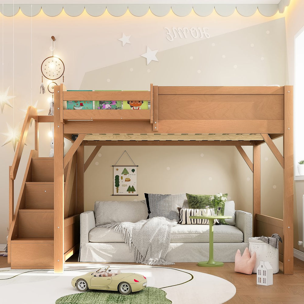 English Elm Twin Low Loft Bed Solid Pine Frame Kids Study Desk Blackboard Storage White Antique Natural W1580S00554