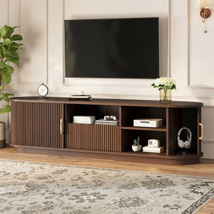 English Elm Vintage Farmhouse Media Console with Slatted Sliding Doors and Brass Hardware for Living Room Walnut N721P427206P