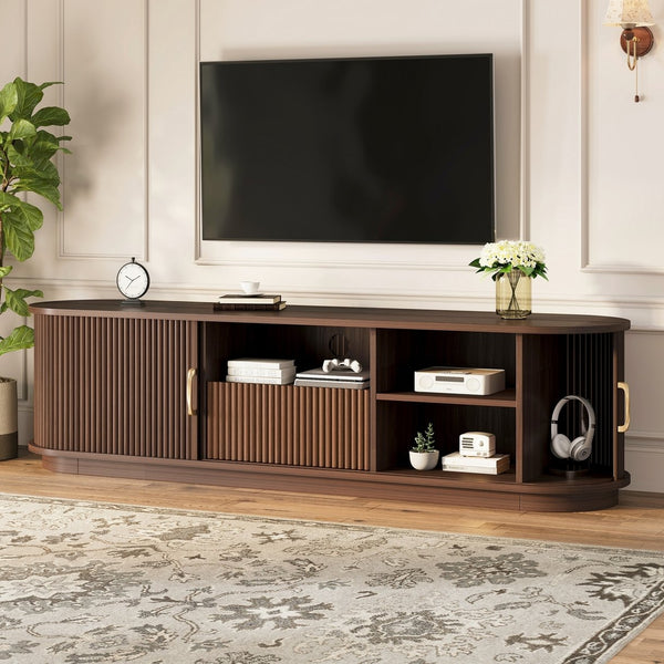English Elm Vintage Farmhouse Media Console with Slatted Sliding Doors and Brass Hardware for Living Room Walnut N721P427206P