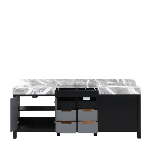 English Elm Black Double Bath Vanity 84" W With Castle Grey Marble Top - Elegant Storage & Modern Charm B2731P261129