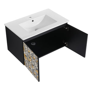 English Elm 30'' Modern Floating Wall-Mounted Bathroom Vanity Set With Ceramic Sink & Soft-Close Cabinet Doors W999S00214