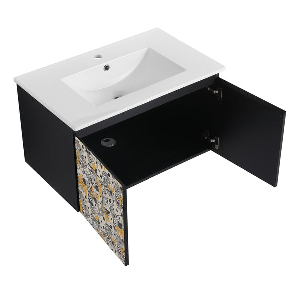 English Elm 30'' Modern Floating Wall-Mounted Bathroom Vanity Set With Ceramic Sink & Soft-Close Cabinet Doors W999S00214