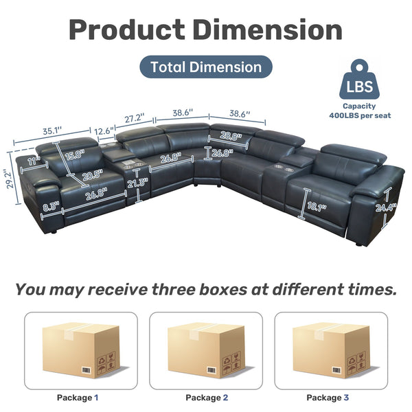 English Elm Power Reclining Sectional with Bluetooth Audio Led Lighting and Wireless Charging Tech Leather Dark Grey W3795S00020