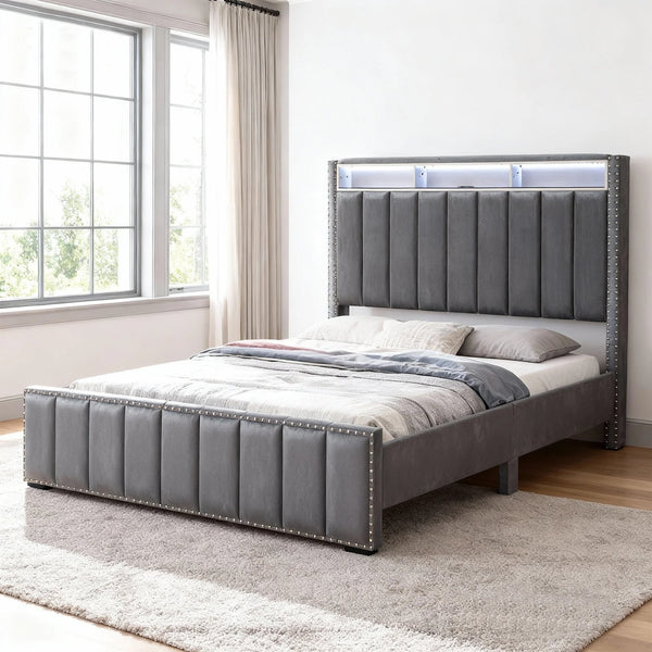 English Elm Beautiful Upholstered Full Bed with Led Lighting Storage Shelves and Channel Tufted Headboard Dark Gray B2741S00772