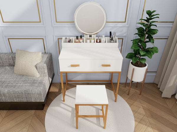 English Elm Vanity Chic Ancient White Makeup Table with Mirror & Stool, Gold Accents, Compact Storage for Small Spaces W2139P306366