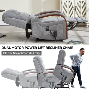 English Elm Power Lift Recliner Chair Chenille Upholstery Dual Motor Heat Massage Solid Wood Arms Gray W1803S00066