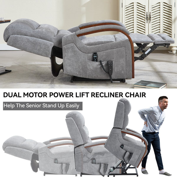 English Elm Power Lift Recliner Chair Chenille Upholstery Dual Motor Heat Massage Solid Wood Arms Gray W1803S00066