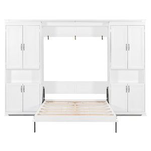 English Elm Full-size Murphy Wall Bed with Sliding Cabinets and Twelve Open Shelves for Studios White LP000919AAK