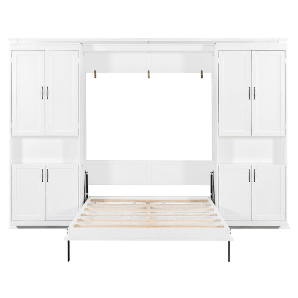 English Elm Full-size Murphy Wall Bed with Sliding Cabinets and Twelve Open Shelves for Studios White LP000919AAK