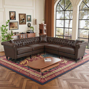 English Elm Sectional Chesterfield Sofa with Tufted Back Nailhead Trim Pu Leather 5 Seat Living Room Dark Brown W680S00113