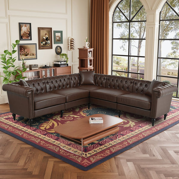 English Elm Sectional Chesterfield Sofa with Tufted Back Nailhead Trim Pu Leather 5 Seat Living Room Dark Brown W680S00113