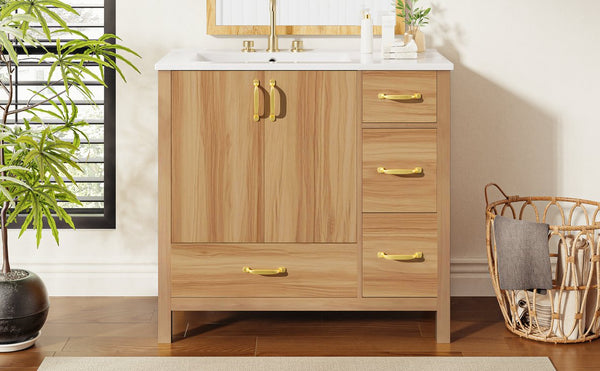 English Elm 36" Wood Bathroom Vanity Cabinet with Solid Frame, Ceramic Sink, Soft-Close Doors & Organized Drawers N729P321351N