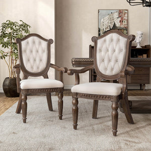 English Elm Rustic 2Pc Armchair Set With Diamond Tufting, Fluted Legs, Weathered Oak & Beige Upholstery B2741P406975-GIGA
