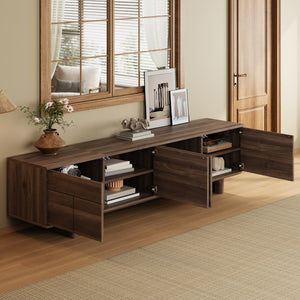 English Elm 78 Inch Low Profile Media Console with Pine Legs Soft Close Doors for Living Room N710P429519Q