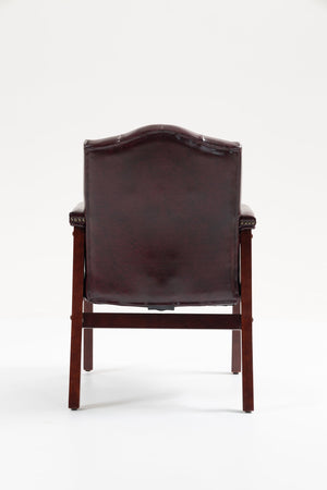 English Elm Leather Reception Guest Chair Burgundy Tufted Mid-Back with Padded Arms Seat 275lb Capacity, Elegant Mahogany Finish W1333P338901