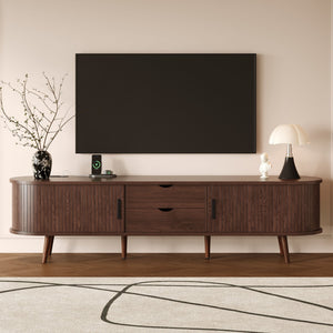 English Elm 70 Mid Century TV Stand with Rattan-Front Drawers, Tambour Doors, Built-In Outlets & Solid Wood Legs Dark Brown N710P339446P