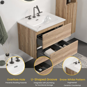 English Elm Gloria Floating Wall Mounted Oak Bathroom Vanity with Integrated Ceramic Sink Storage W1865S00195