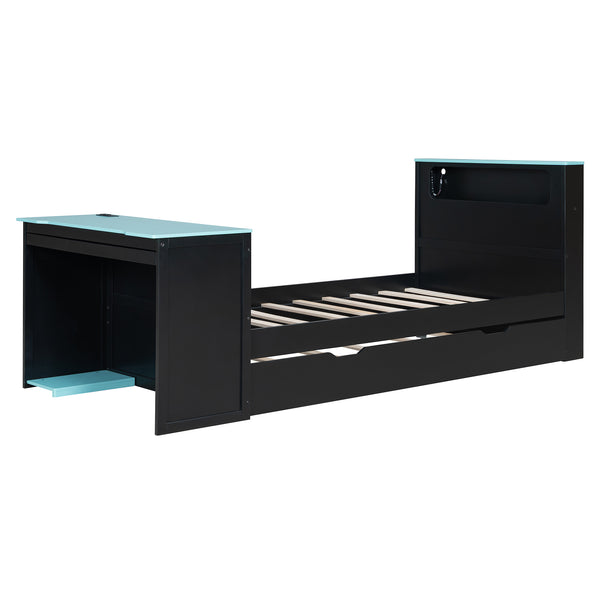 English Elm Twin Wood Gaming Daybed with Trundle Built-in Desk Rgb Lighting and Usb Port Black+Blue LT000283AAC