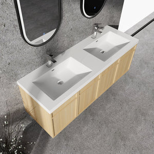 English Elm 60" 60" Wall-Mounted Bathroom Vanity with Double Resin Sink, 4 Soft-Closing Doors, Oak Finish W1972P315223