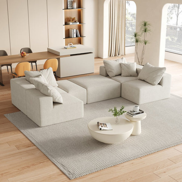 English Elm Modern Upholstered Modular Sectional Sofa Set 132" L-Shaped No-Assembly Chenille Comfort Hub with 6 Pillows Beige W834S00498