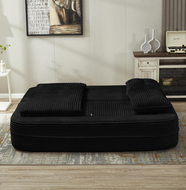 English Elm Multi Purpose Corduroy Sectional with Chaise Converts to King Floor Bed Deep Seat Black W3219S00007