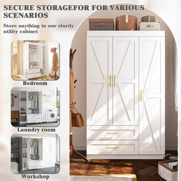 English Elm Shaker Three Door Wardrobe Armoire with Hanging Rod and Shelves for Bedroom White T3210S00005