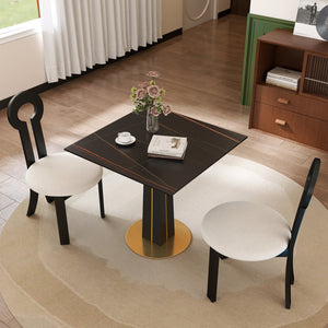 English Elm Modern Square Negotiation Table - 85Cm Black Sintered Stone Top, Elegant Wooden Legs & Gold Base W1535S00587