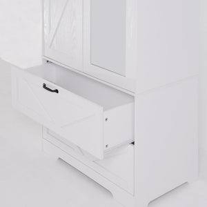 English Elm 2 Door White Wardrobe Closet with Mirror Hanging Rod Drawers and Auto Interior Light W409P167477