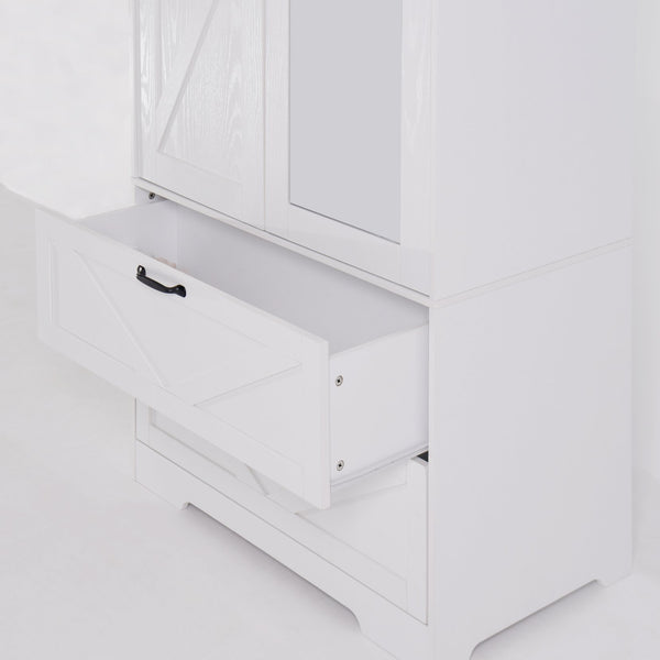 English Elm 2 Door White Wardrobe Closet with Mirror Hanging Rod Drawers and Auto Interior Light W409P167477