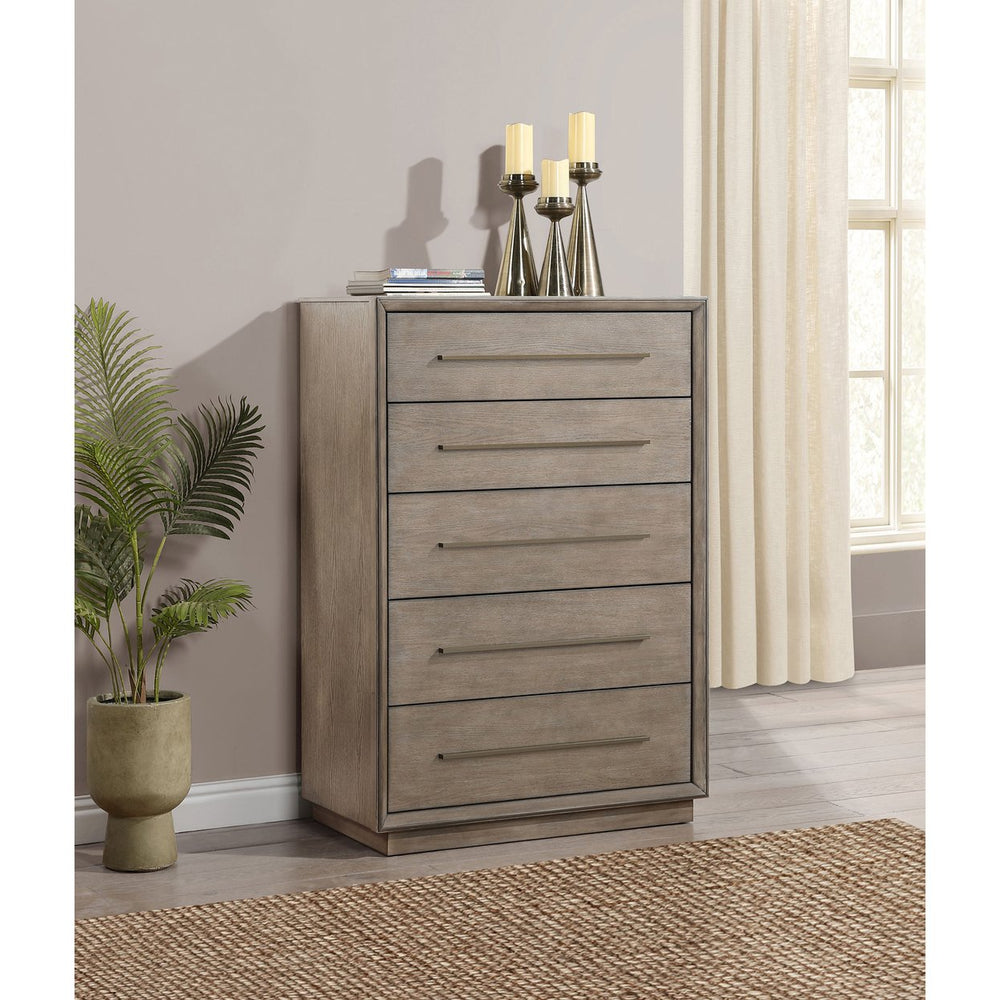 English Elm Prescott Taupe Oak Grain 5 Drawer Chest with Mitered Trim and Modern Bar Pulls B062P441125