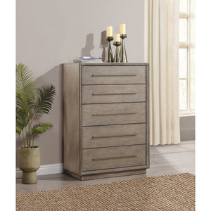 English Elm Prescott Taupe Oak Grain 5 Drawer Chest with Mitered Trim and Modern Bar Pulls B062P441125