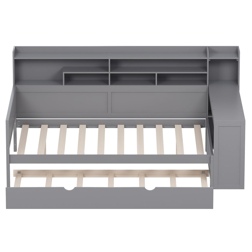 English Elm Wooden Full Size Daybed with Trundle and Built-In Desk, Side Storage Shelves for Space-Saving Rooms Gray 70 L x 18.6 W x 5.5 H N733S242277E