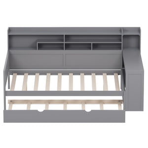 English Elm Wooden Full Size Daybed with Trundle and Built-In Desk, Side Storage Shelves for Space-Saving Rooms Gray 70 L x 18.6 W x 5.5 H N733S242277E