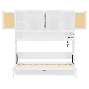 English Elm Twin Murphy Bed with Rattan Cabinet Doors Led Lighting and Usb Charging for Small Spaces White LP000740AAK