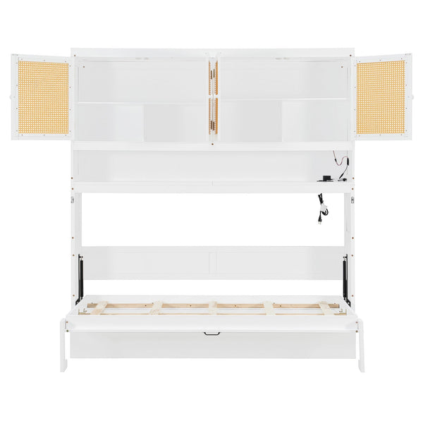 English Elm Twin Murphy Bed with Rattan Cabinet Doors Led Lighting and Usb Charging for Small Spaces White LP000740AAK