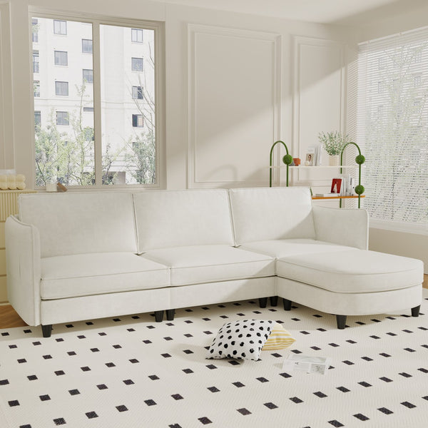 English Elm 107.8'' L-Shaped 3-Seater Sofa With Movable Ottoman & Arm Pockets – Stylish Comfort For Any Space W680S00035