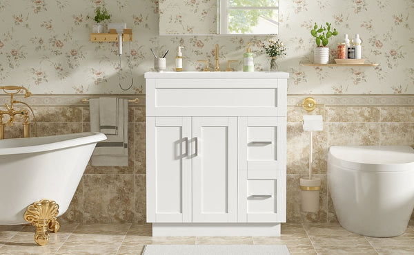 English Elm [video] 30 Inch Freestanding Bathroom Vanity with Soft Close Drawers and Resin Sink N729P396833K