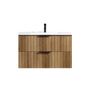 English Elm 36 Inch Floating Bathroom Vanity Fluted Wood Grain Panel with Ceramic Integrated Sink W3520S00045