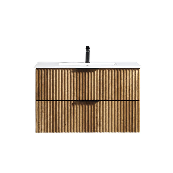 English Elm 36inch Floating Wall Mounted Bathroom Vanity with 3d Carved Panel Front and Drawer Storage W3520P455281